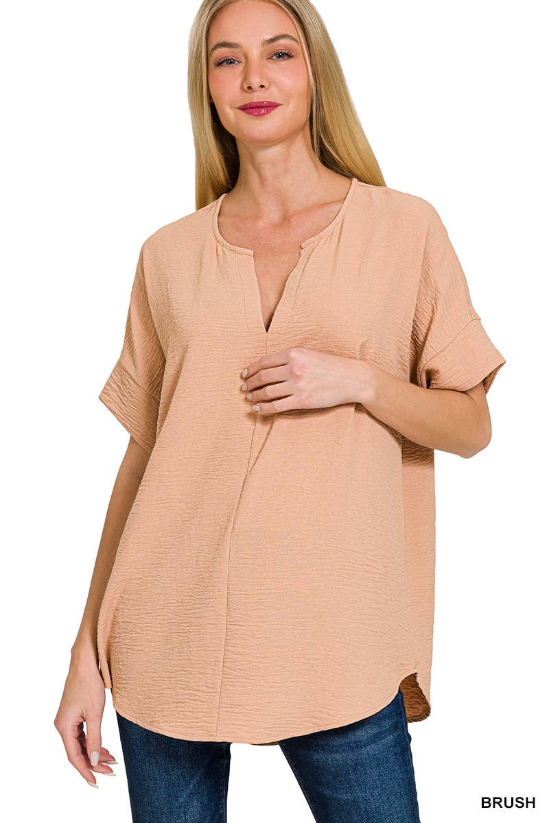 42POPS - 0813 Woven Airflow Split Neck Short Sleeve Top SI-23872 Zenana