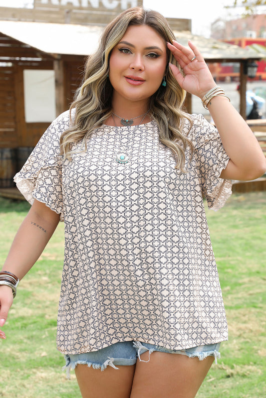 Plus Size Khaki Geometric Print Ruffled Sleeve Blouse