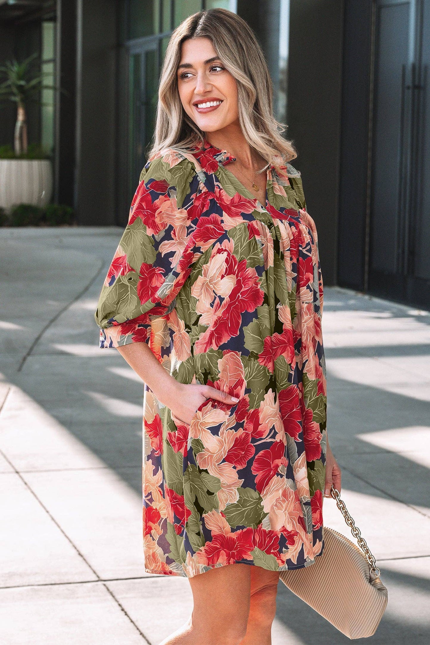 PRETTY BASH - PRETTY BASH Floral Frilled Collar V-Neck 3/4 Sleeve Dress