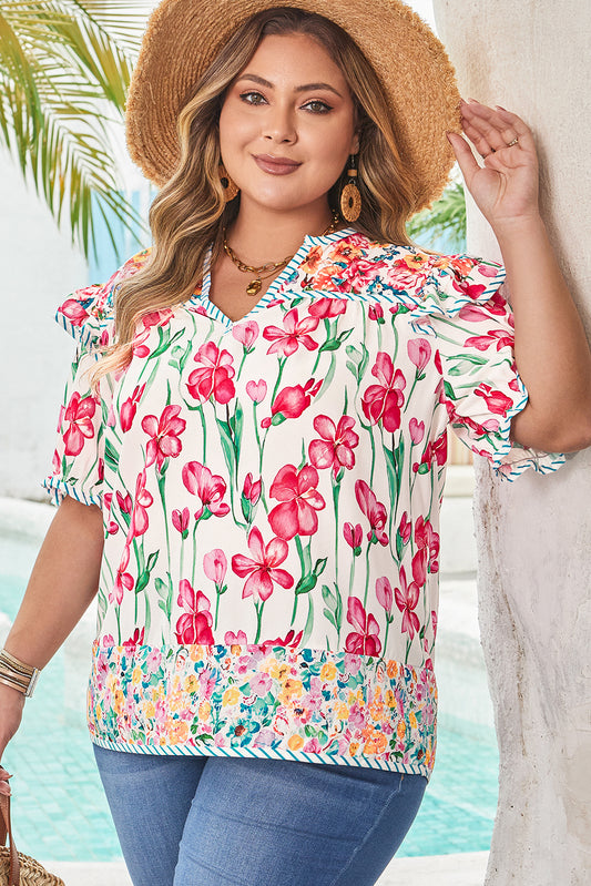 Plus Size Pink Floral Print Striped Trim V Neck Blouse