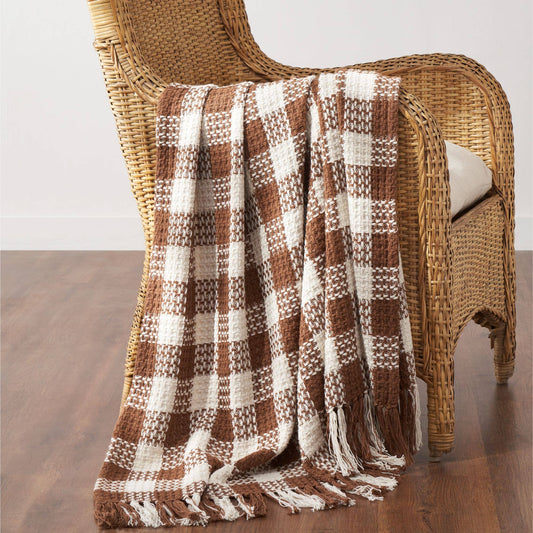 VHC Brands - Amber Heritage Check Throw Blanket w/ Fringe Fall Decor