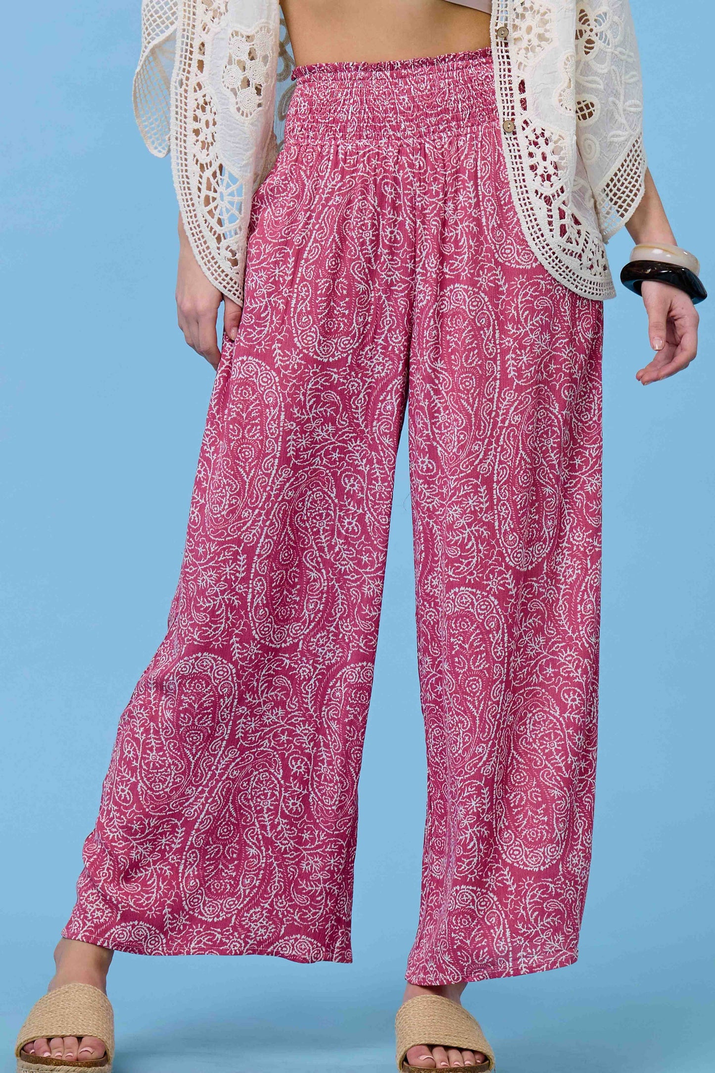 JCP4225-Boho Paisley Print Wide Leg Flowy Pants with Pockets