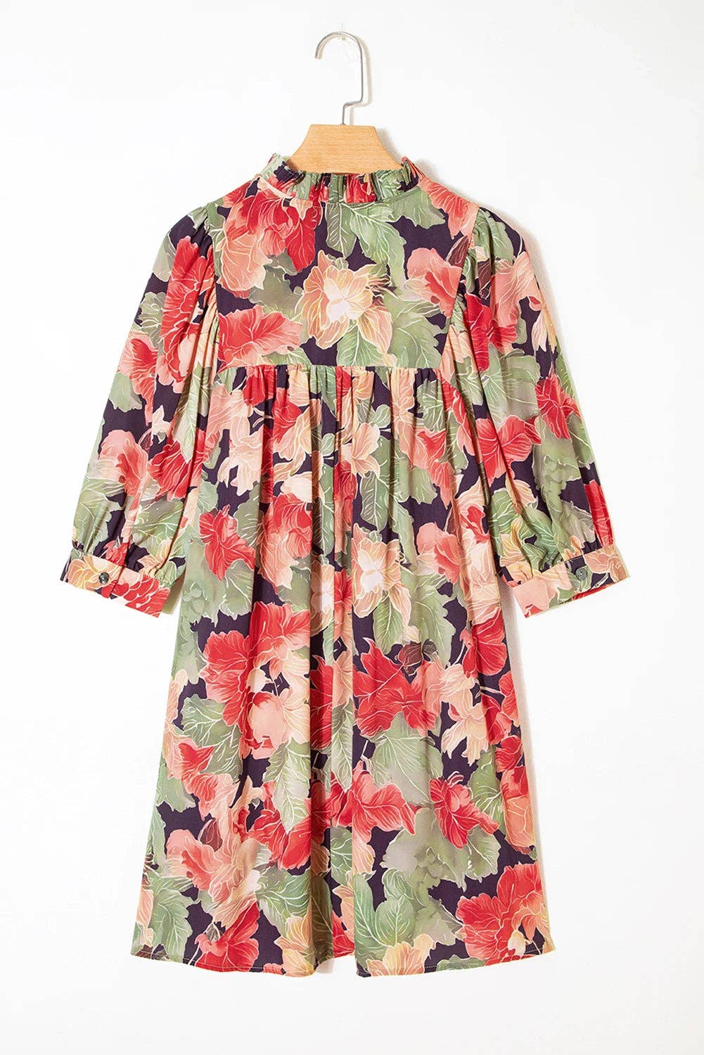 PRETTY BASH - PRETTY BASH Floral Frilled Collar V-Neck 3/4 Sleeve Dress