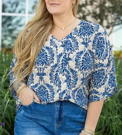 Blue Plus Size Ethnic Printed 3/4 Sleeve V Neck Loose Blouse