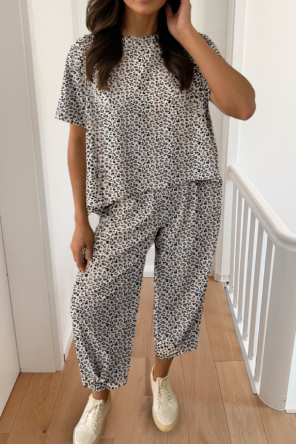 Aapparella - Leopard Top Drawstring Waist Barrel Pants Set | S-XL