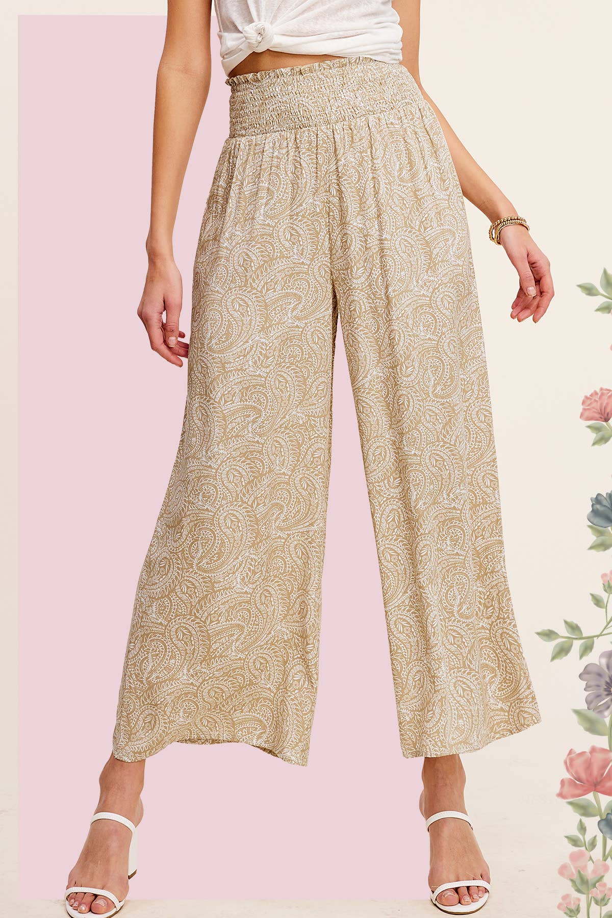 JCP4225-Boho Paisley Print Wide Leg Flowy Pants with Pockets