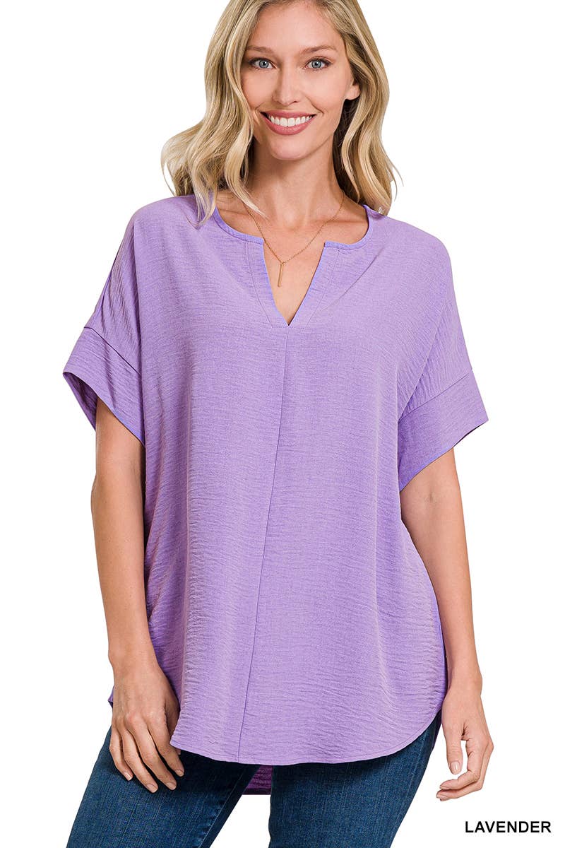 42POPS - 0813 Woven Airflow Split Neck Short Sleeve Top SI-23872 Zenana