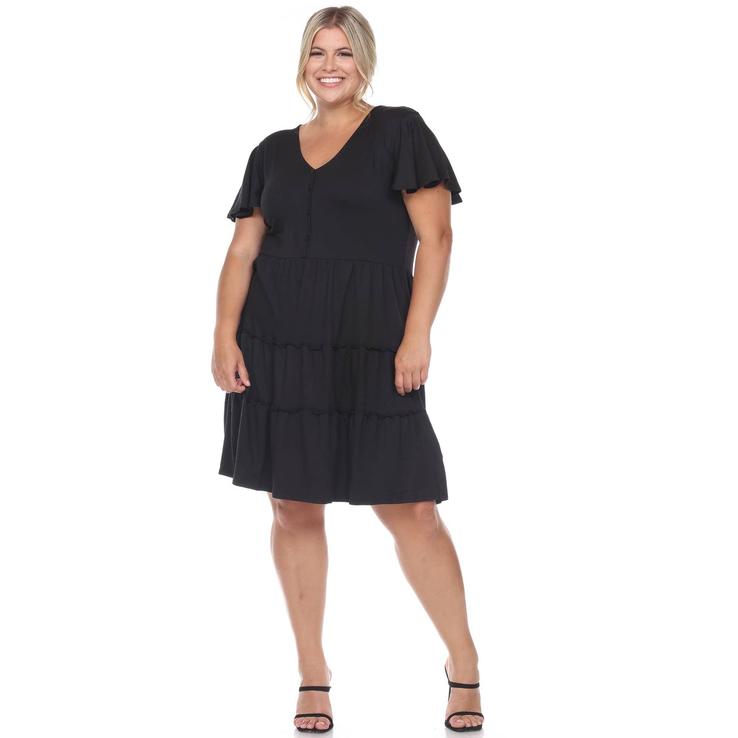 WHITE MARK - Plus Size Short Sleeve V-neck Tiered Midi Dress