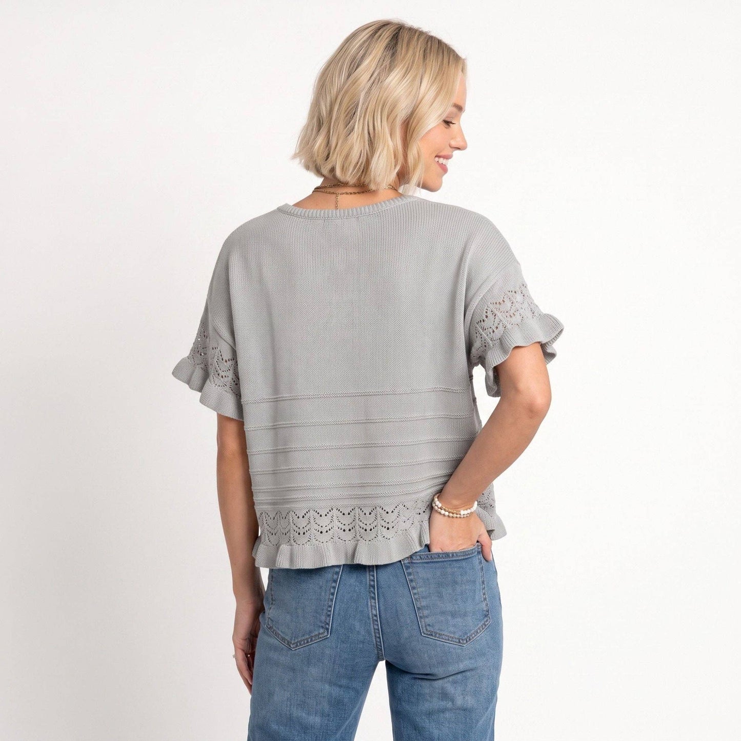 Anna Kaci Wholesale - Short Sleeve Sweater Top Lace Ruffle Hem Textured Knit Blouse