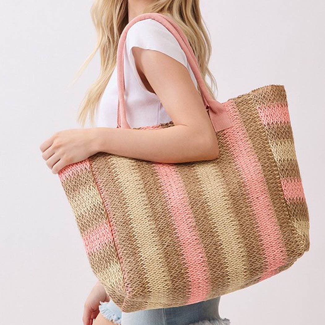 3AM BY H&D ACCESSORIES - Natural Brown Multi Color Stripe Straw Tote Bag