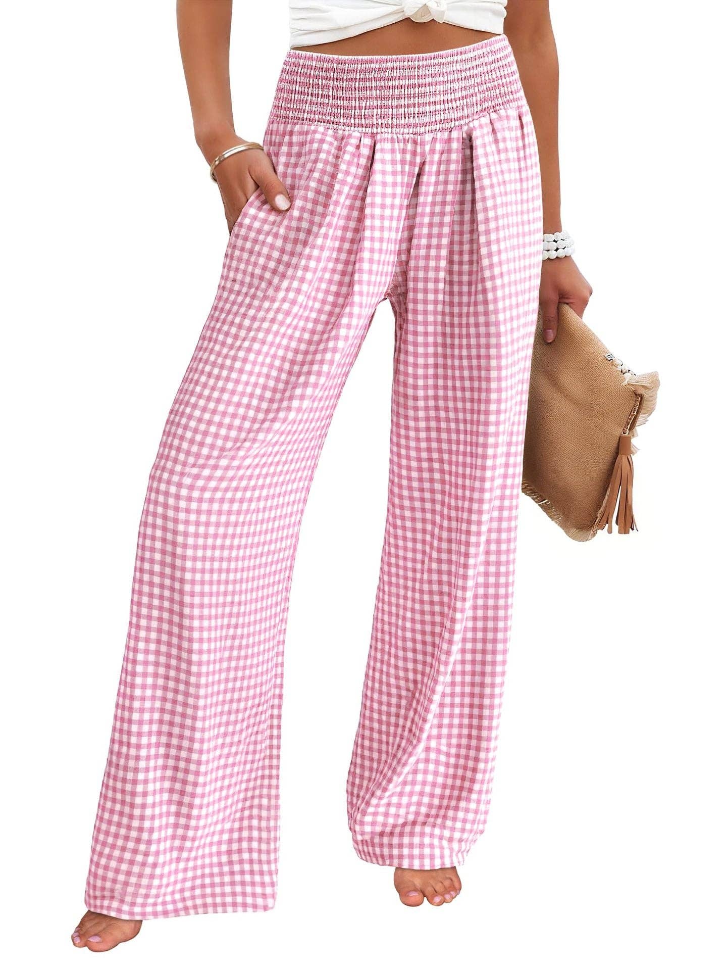 Suhkasana - Gingham High Waist Wide Leg Pants with Pockets