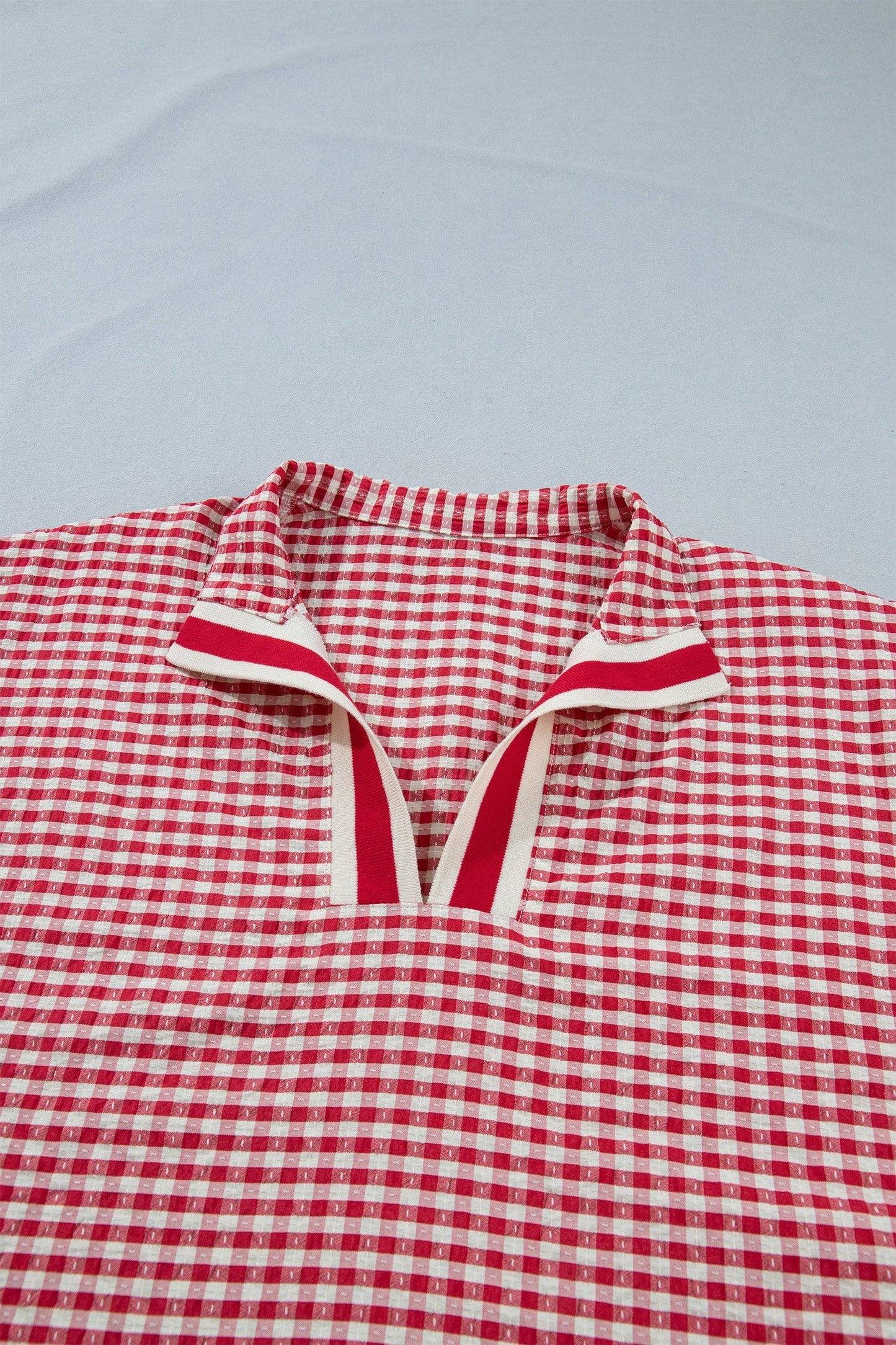 PRETTY BASH - PRETTY BASH Gingham Plaid Trim Split Neck Blouse