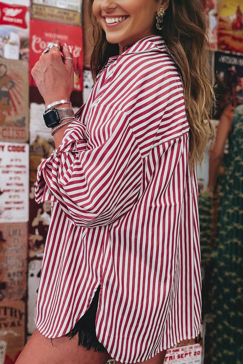Lovesoft - Red Stripe Patched Pocket Side Slit Loose Shirt