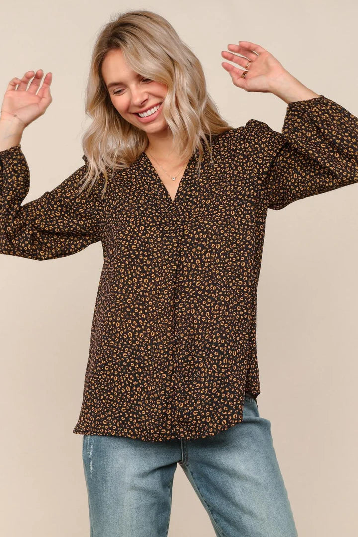 Tucked V-Neck Leopard Print Woven Blouse