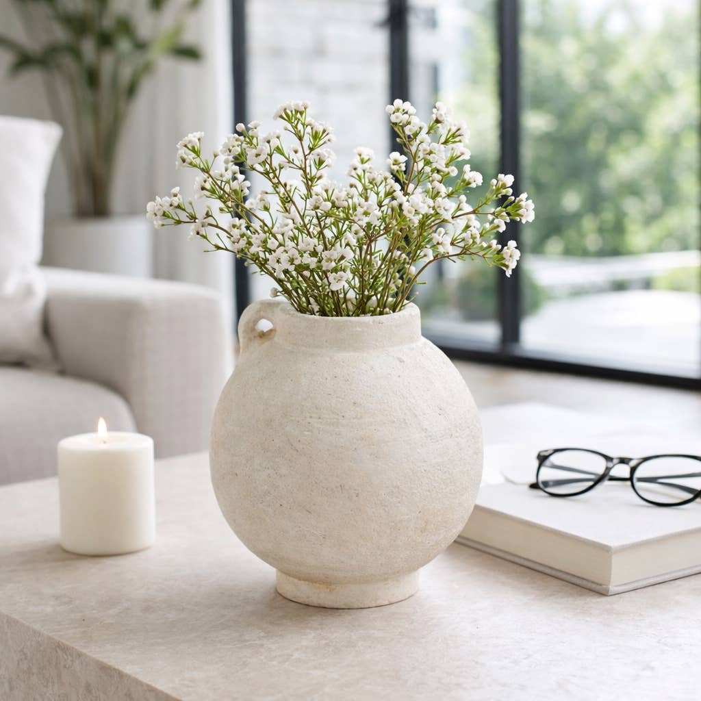 Sagebrook Home - Decorative Vase - White Ceramic Bulbous with Handle Jug, 7in