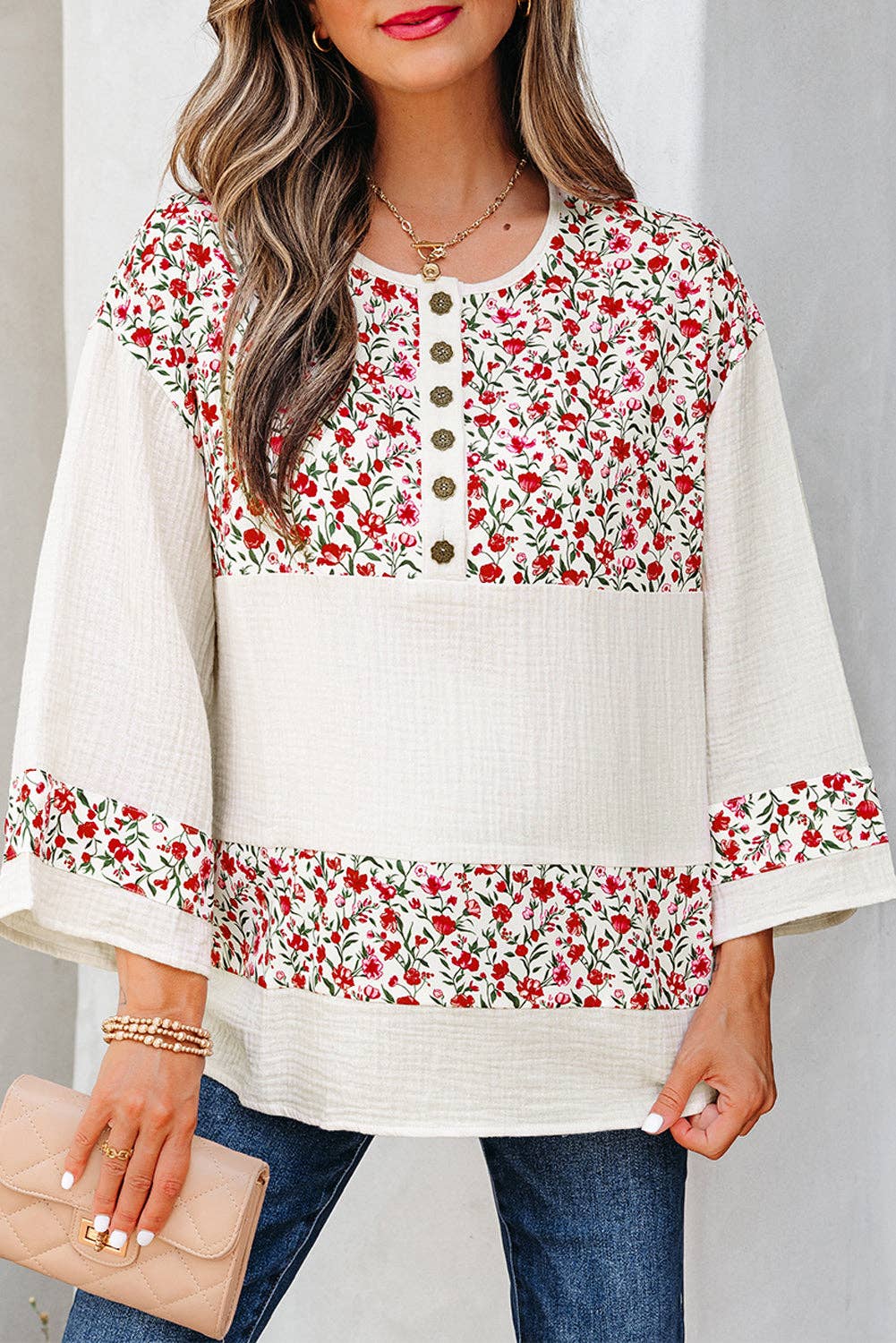 PRETTY BASH - Floral Gauze Patchwork 3/4 Sleeve Blouse