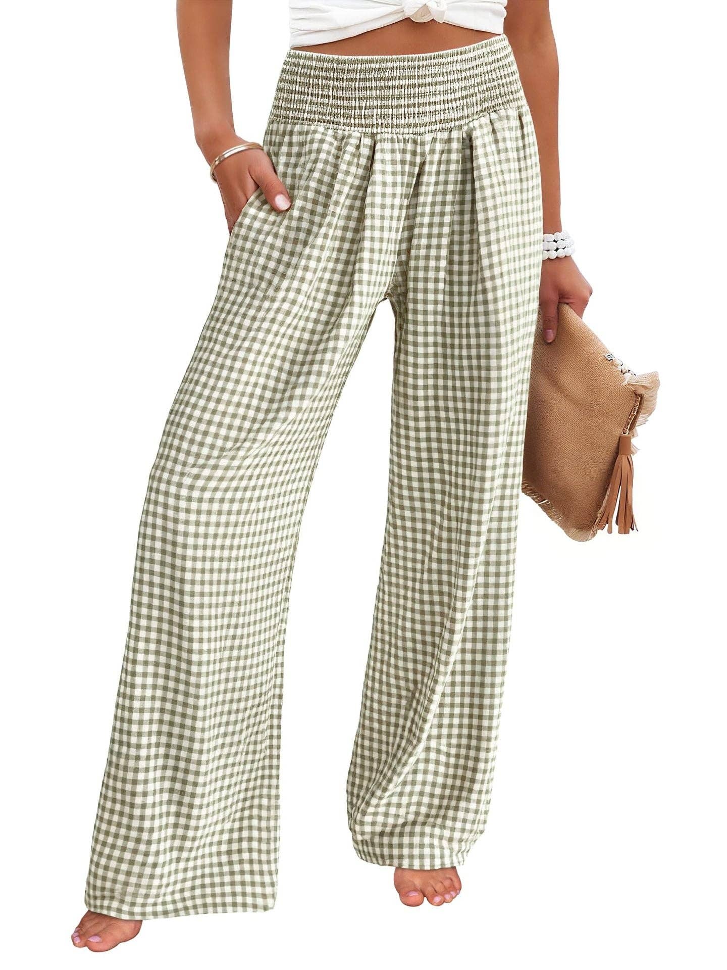 Suhkasana - Gingham High Waist Wide Leg Pants with Pockets