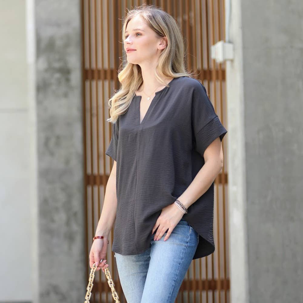 42POPS - 0813 Woven Airflow Split Neck Short Sleeve Top SI-23872 Zenana
