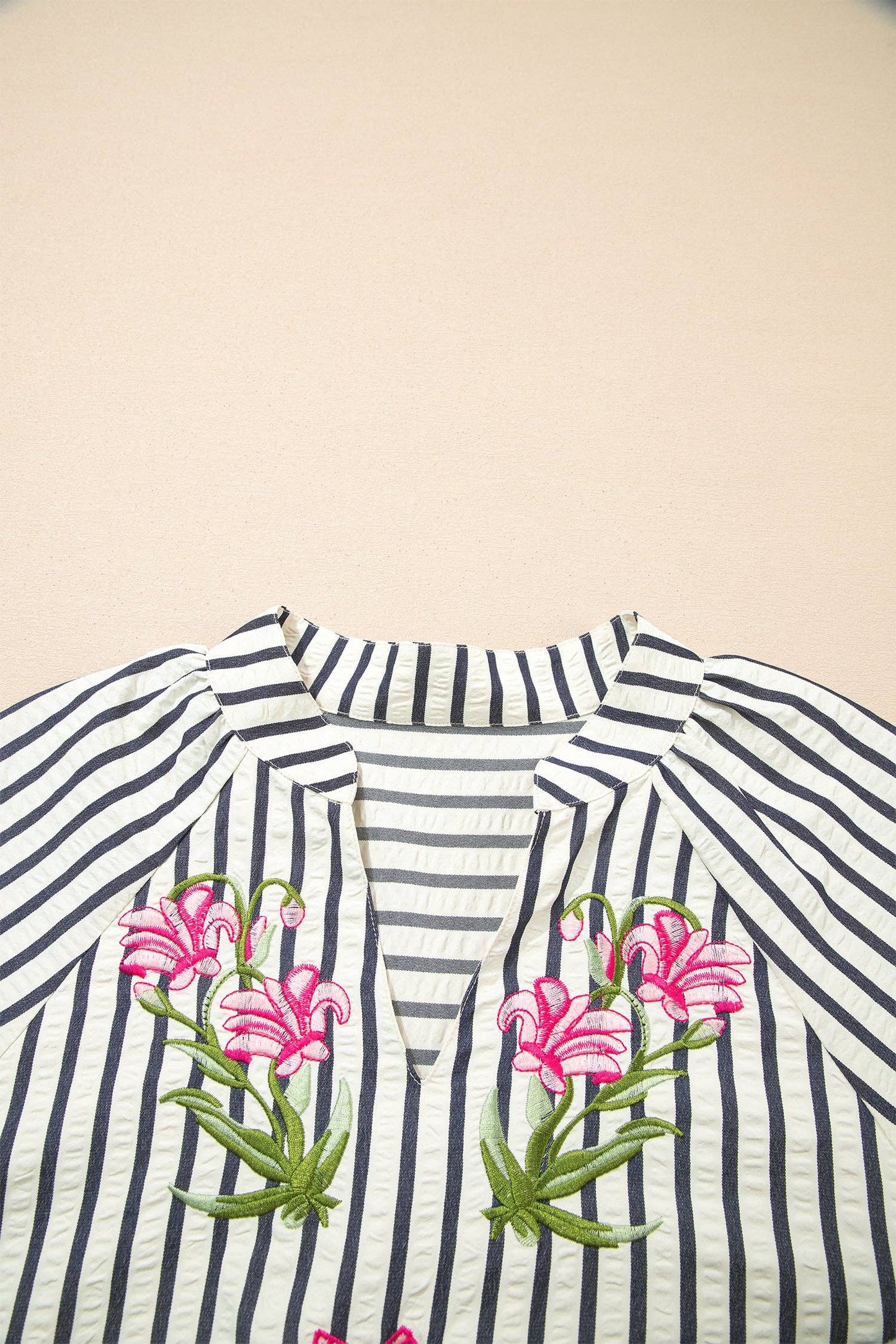 PRETTY BASH - PRETTY BASH Stripe Floral Embroidered 3/4 Sleeve Blouse