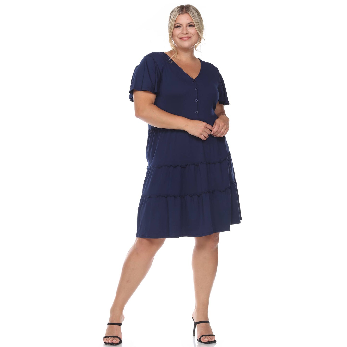 WHITE MARK - Plus Size Short Sleeve V-neck Tiered Midi Dress