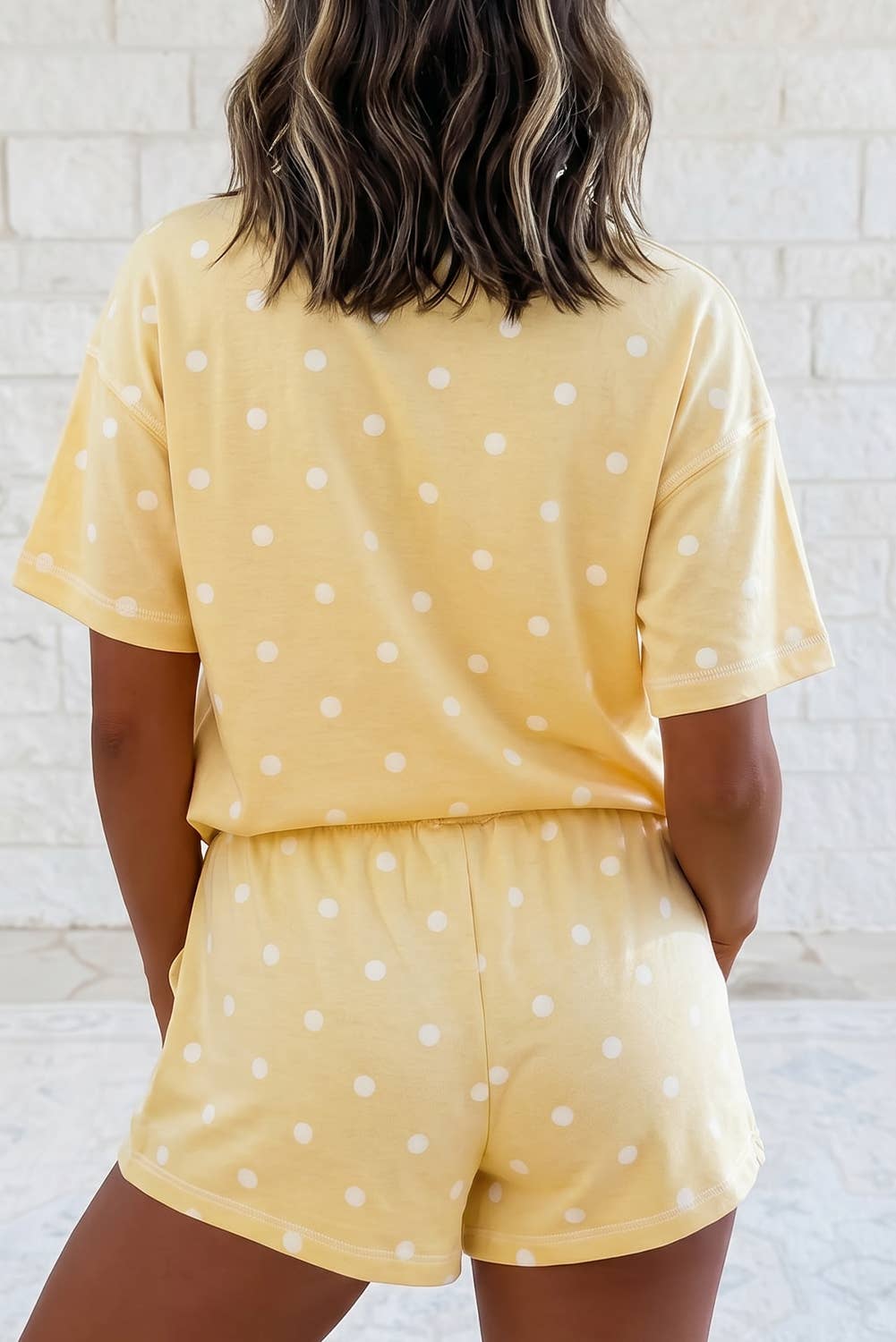 1 the Woman - Seam Detail Polka Dot Loose Tee Drawstring Shorts Set