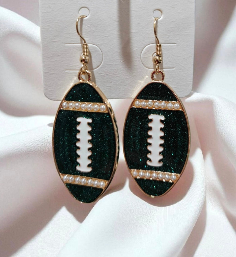 Green & White Football Earrings