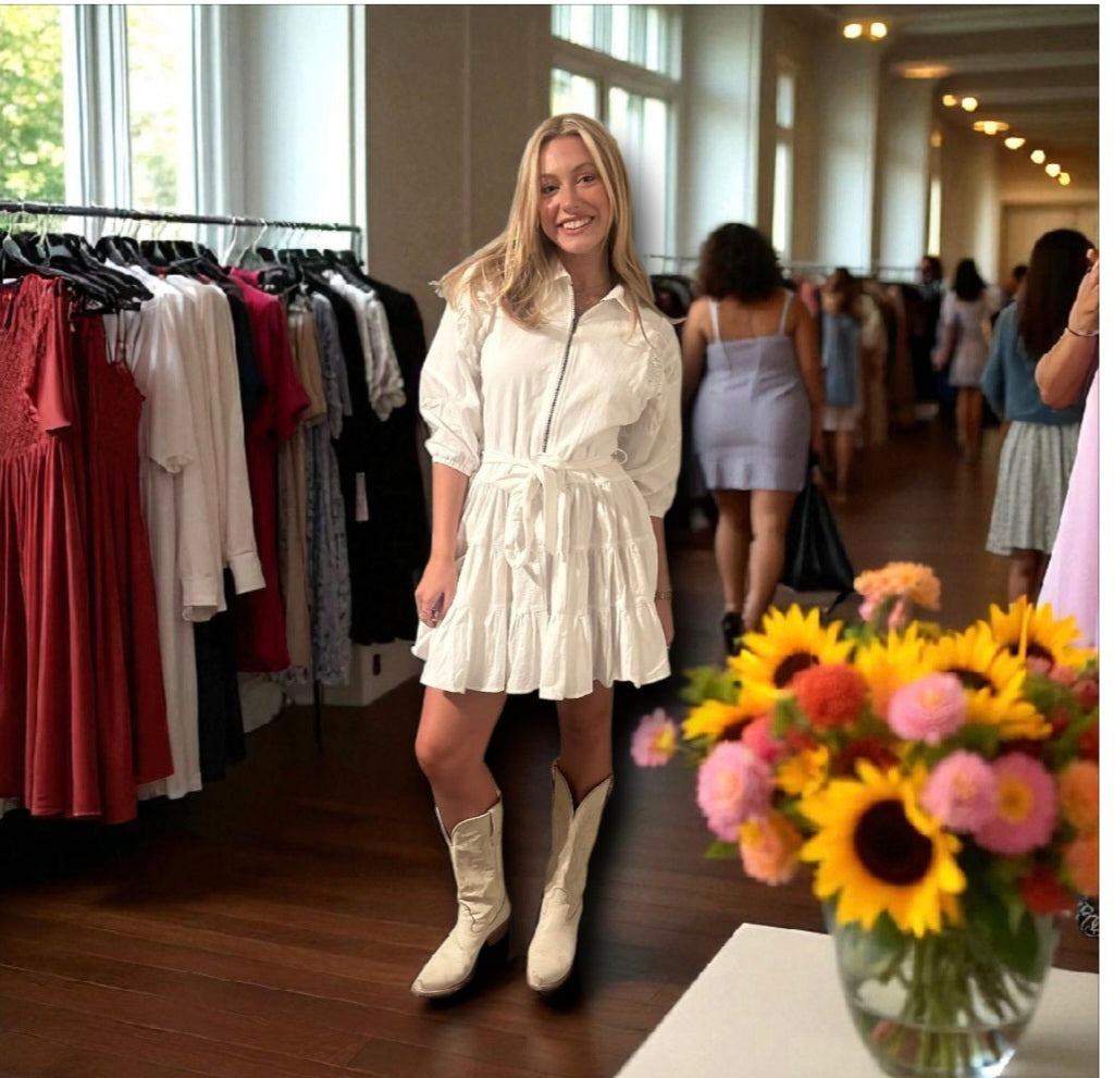 She + Sky Off White Dress with Tie Belt
