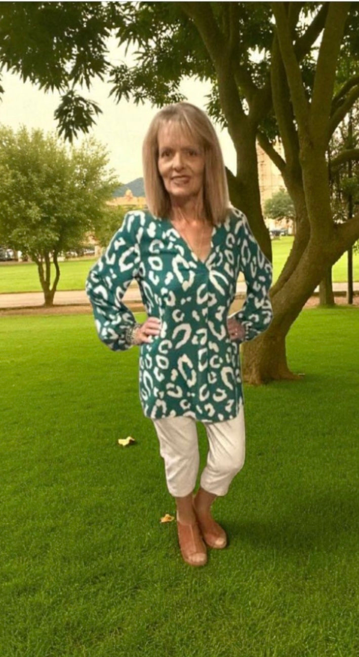 Green Synch Sleeve V Neck Woven Blouse