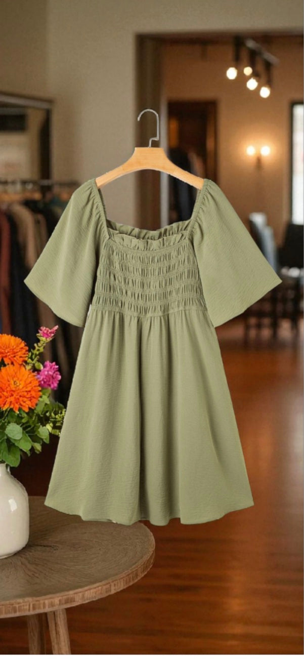 Plus Size Grass Green Smocked High Waist Dress