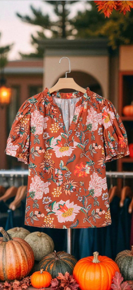 Plus Size Brown Floral Stitched V Neck Frilled Trim Puff Short Sleeve Blouse