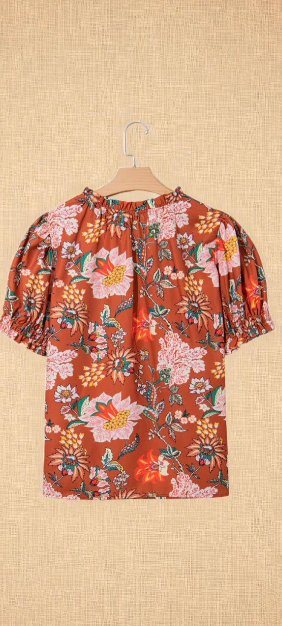 Plus Size Brown Floral Stitched V Neck Frilled Trim Puff Short Sleeve Blouse