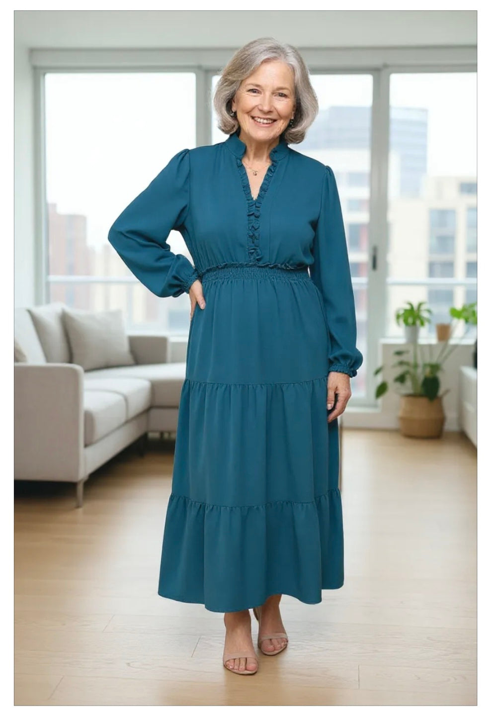 PLUS SOLID SMOCKING WAIST TIERED MIDI WOVEN DRESS