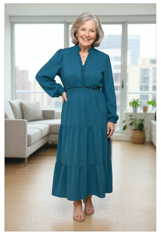SOLID SMOCKING WAIST TIERED MIDI WOVEN DRESS