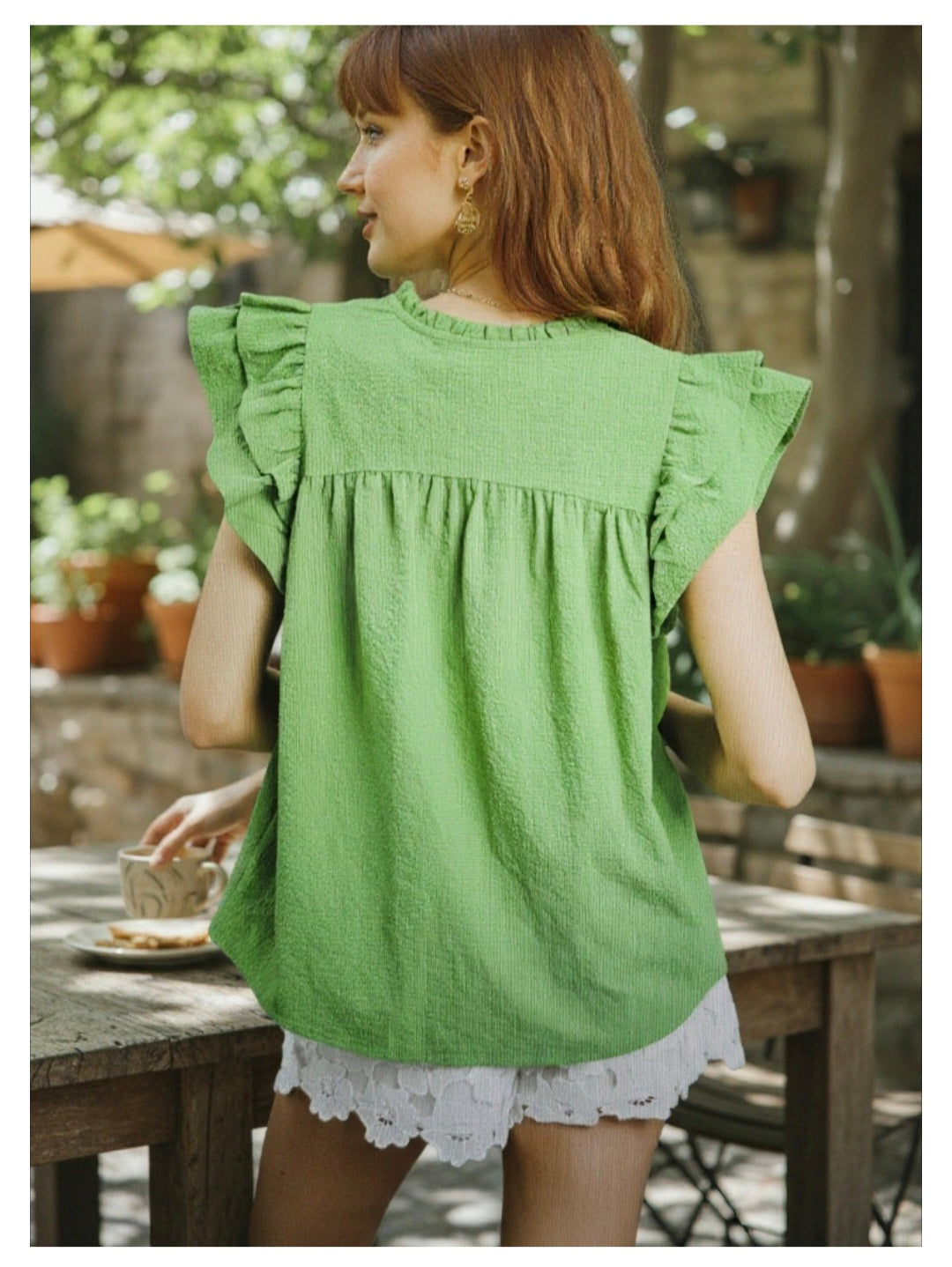 UMGEE Green Smocked Ruffle Sleeve Textured Blouse