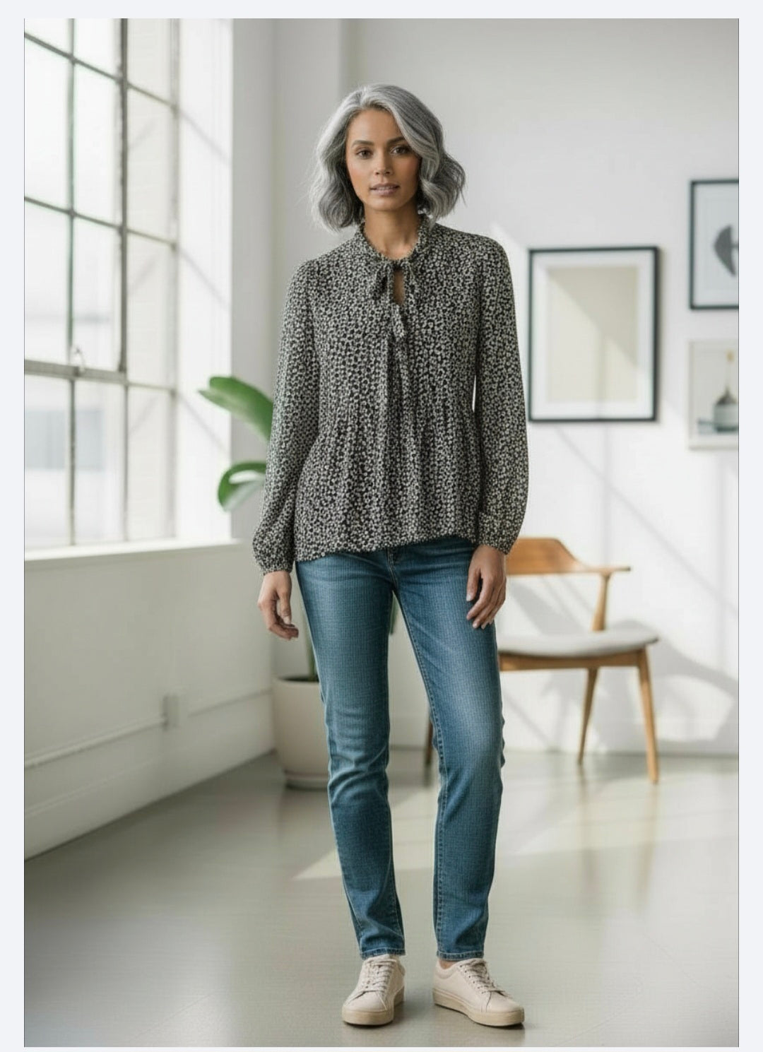 Floral Blouse w/Ribbon Bow Tie