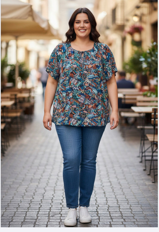 Plus Navy Tribal Print Top