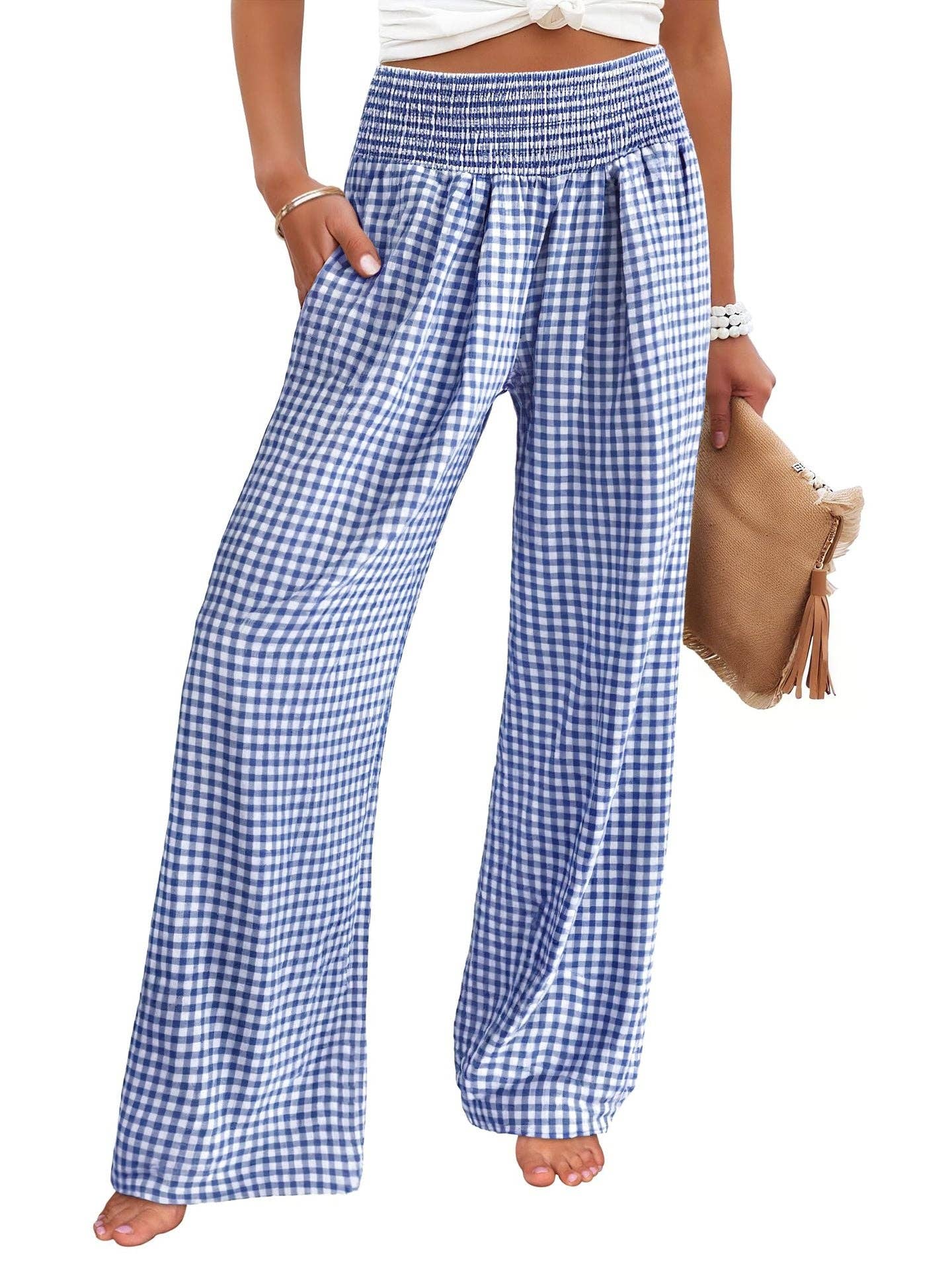 Suhkasana - Gingham High Waist Wide Leg Pants with Pockets