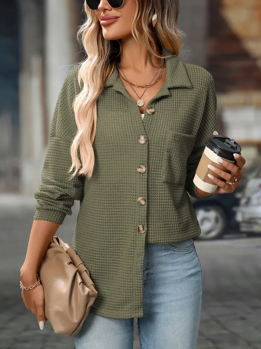 Lovesoft - Waffle Knit Button Up Long Sleeve Shirt Jacket