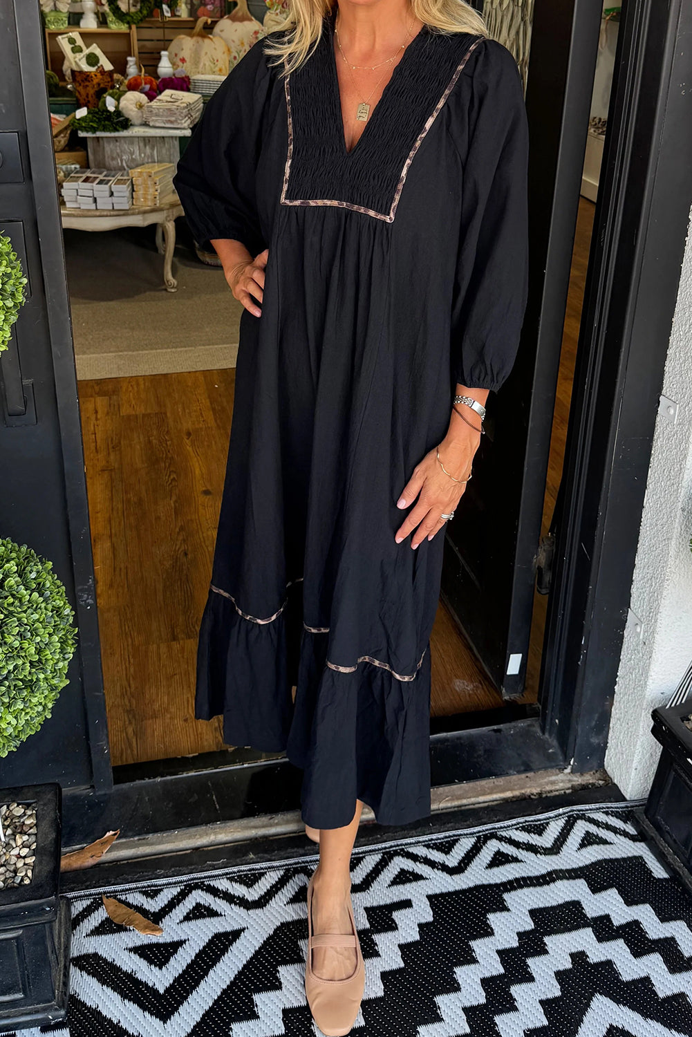 Black Collared Leopard Trim, Bracelet Sleeve Long Dress