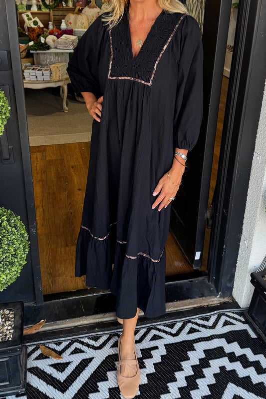 Black Collared Leopard Trim, Bracelet Sleeve Long Dress