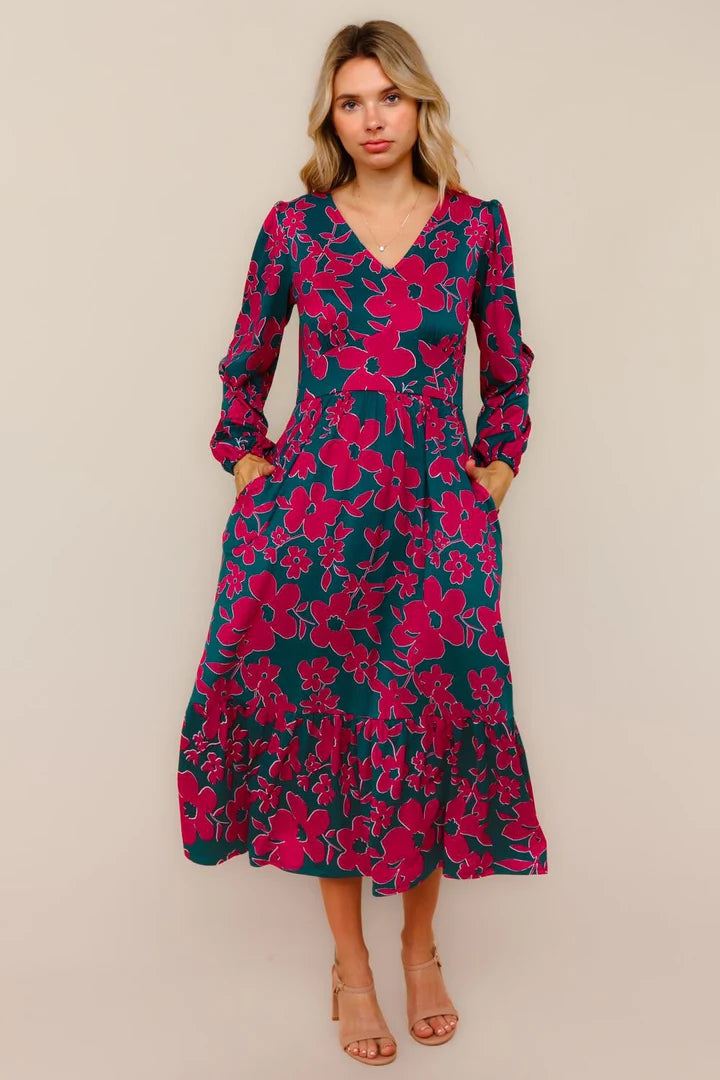Vintage Floral Midi Ruffle Hem Dress
