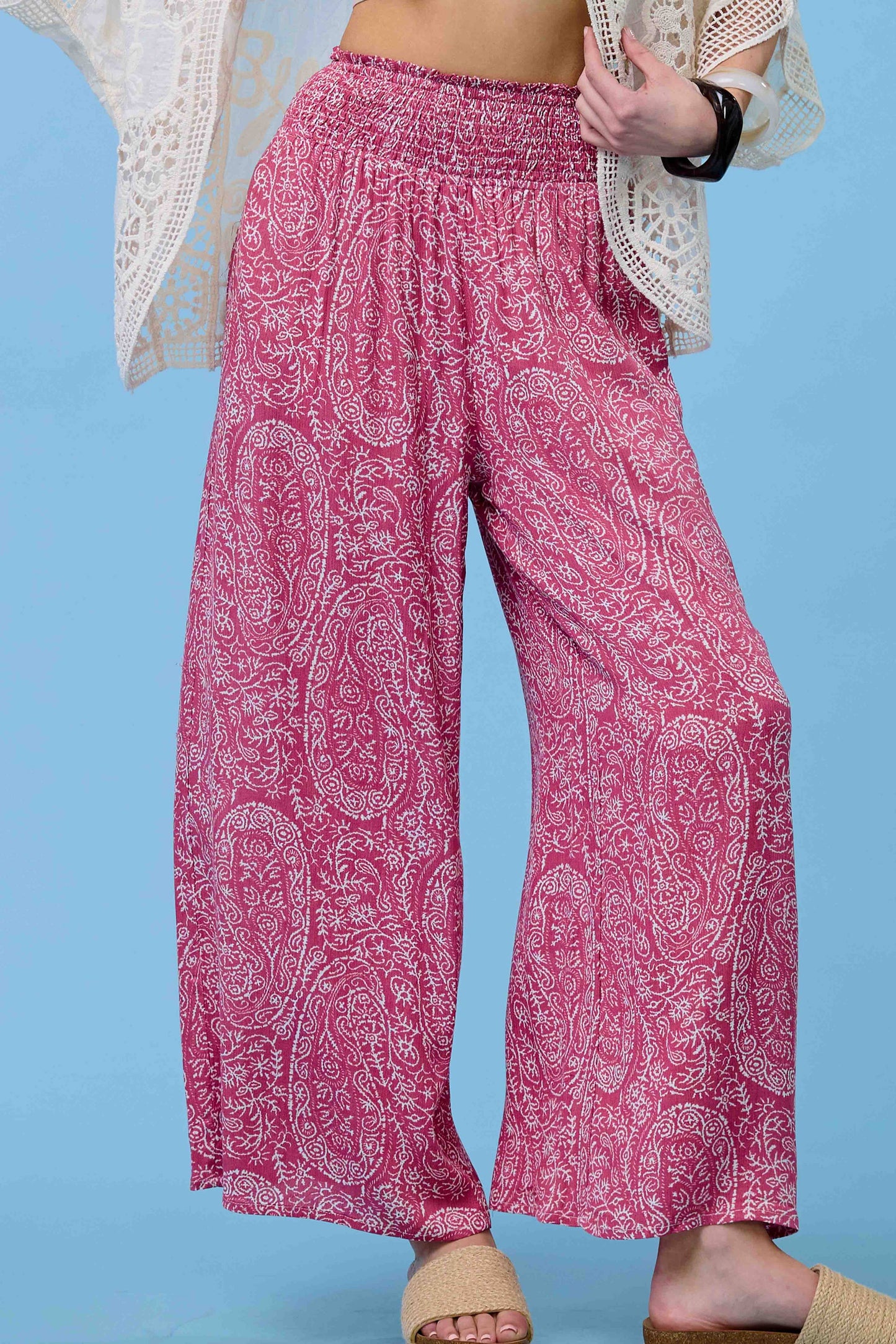 JCP4225-Boho Paisley Print Wide Leg Flowy Pants with Pockets