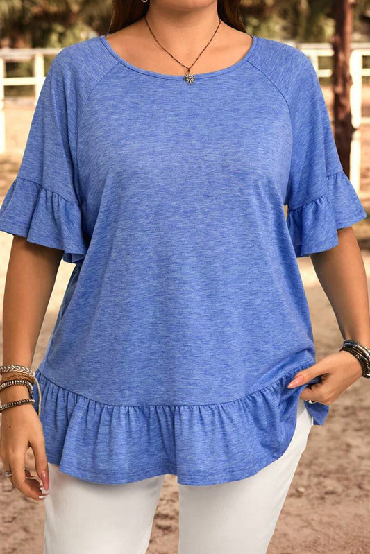 Plus Size Dusk Blue Ruffled Short Sleeve Casual Blouse