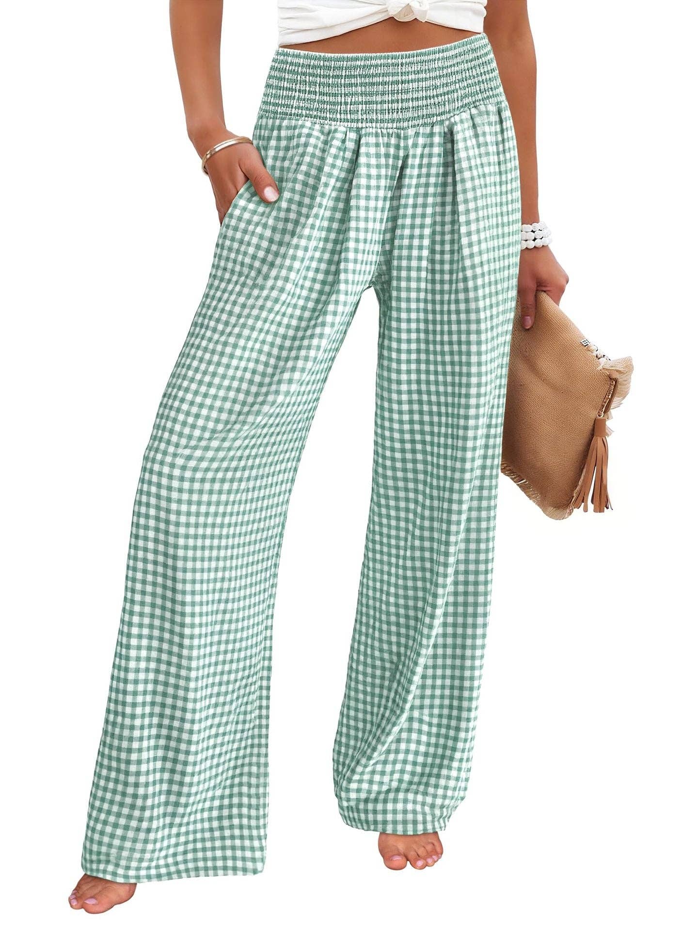 Suhkasana - Gingham High Waist Wide Leg Pants with Pockets