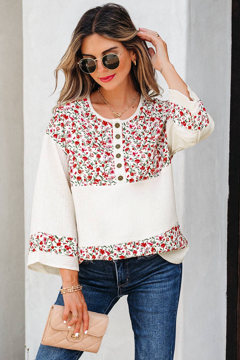 PRETTY BASH - Floral Gauze Patchwork 3/4 Sleeve Blouse