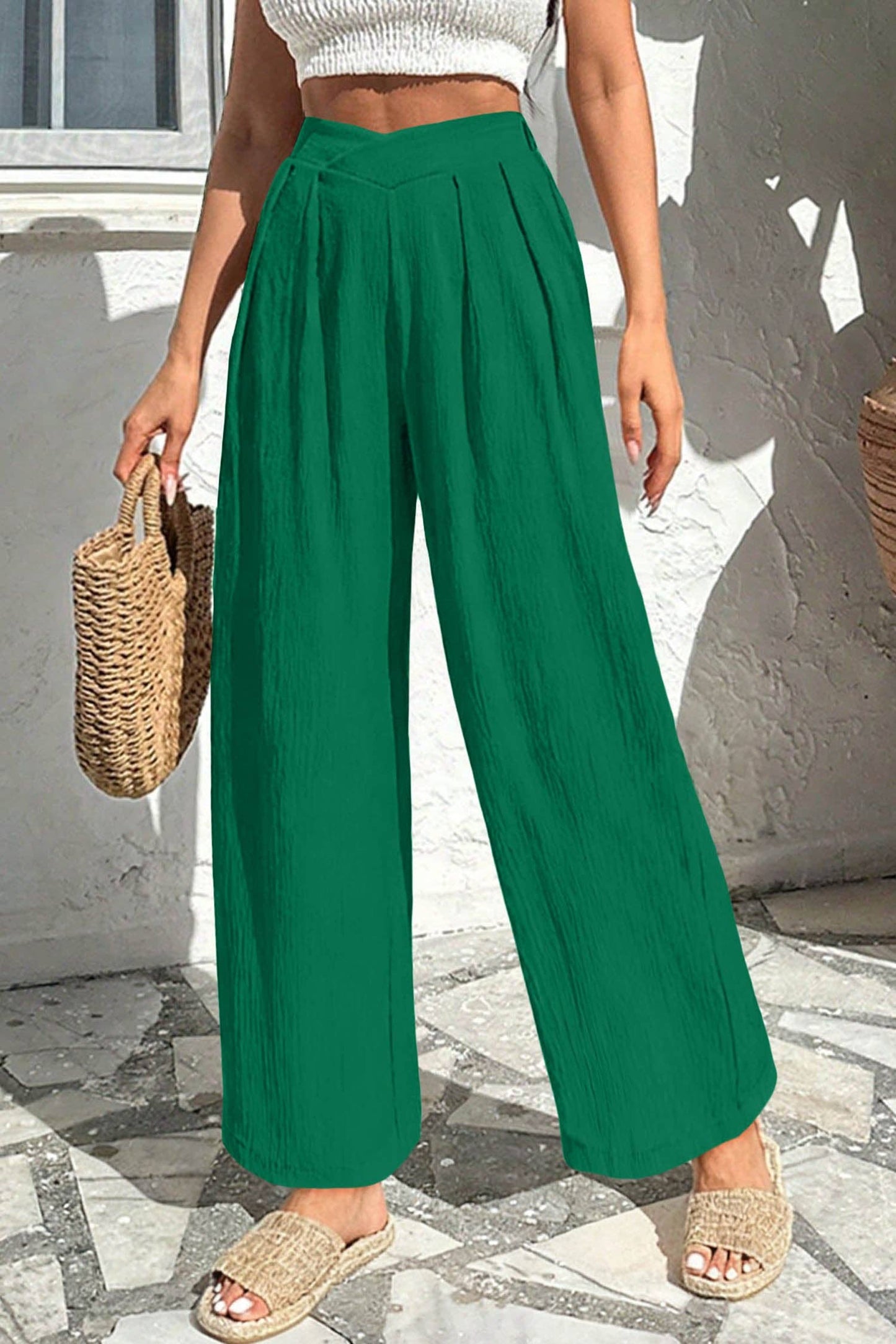 Lovesoft - Solid Color Textured Crossed Waist Loose Pants