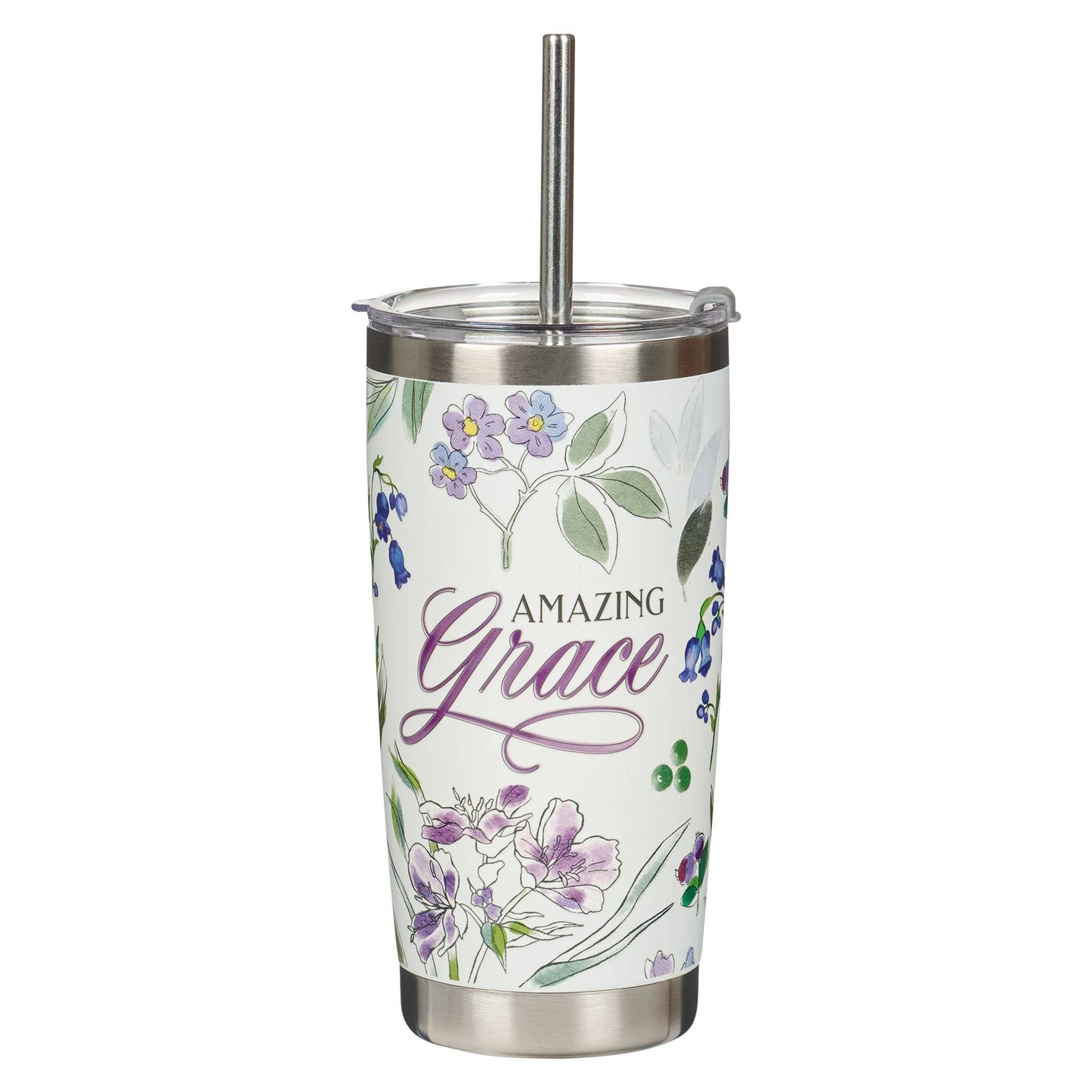 Christian Art Gifts - Tumbler w/straw SS Purple Amazing Grace