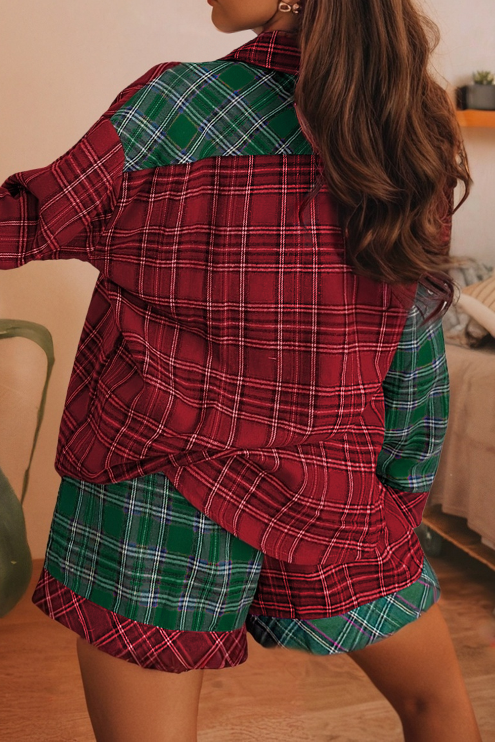 LDC Plaid Patched Christmas Shirt and Short 2pcs Pajamas Set