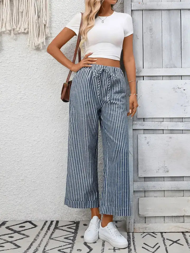 Lovesoft - Striped Wide Leg Pants Women Drawstring Casual Pants