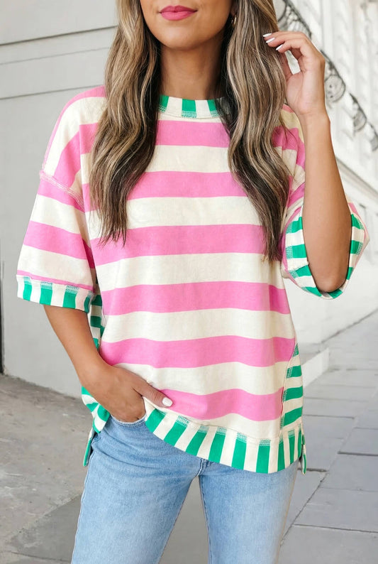 Aapparella - Stripe Contrast Trim Short Sleeve Top | S-XL